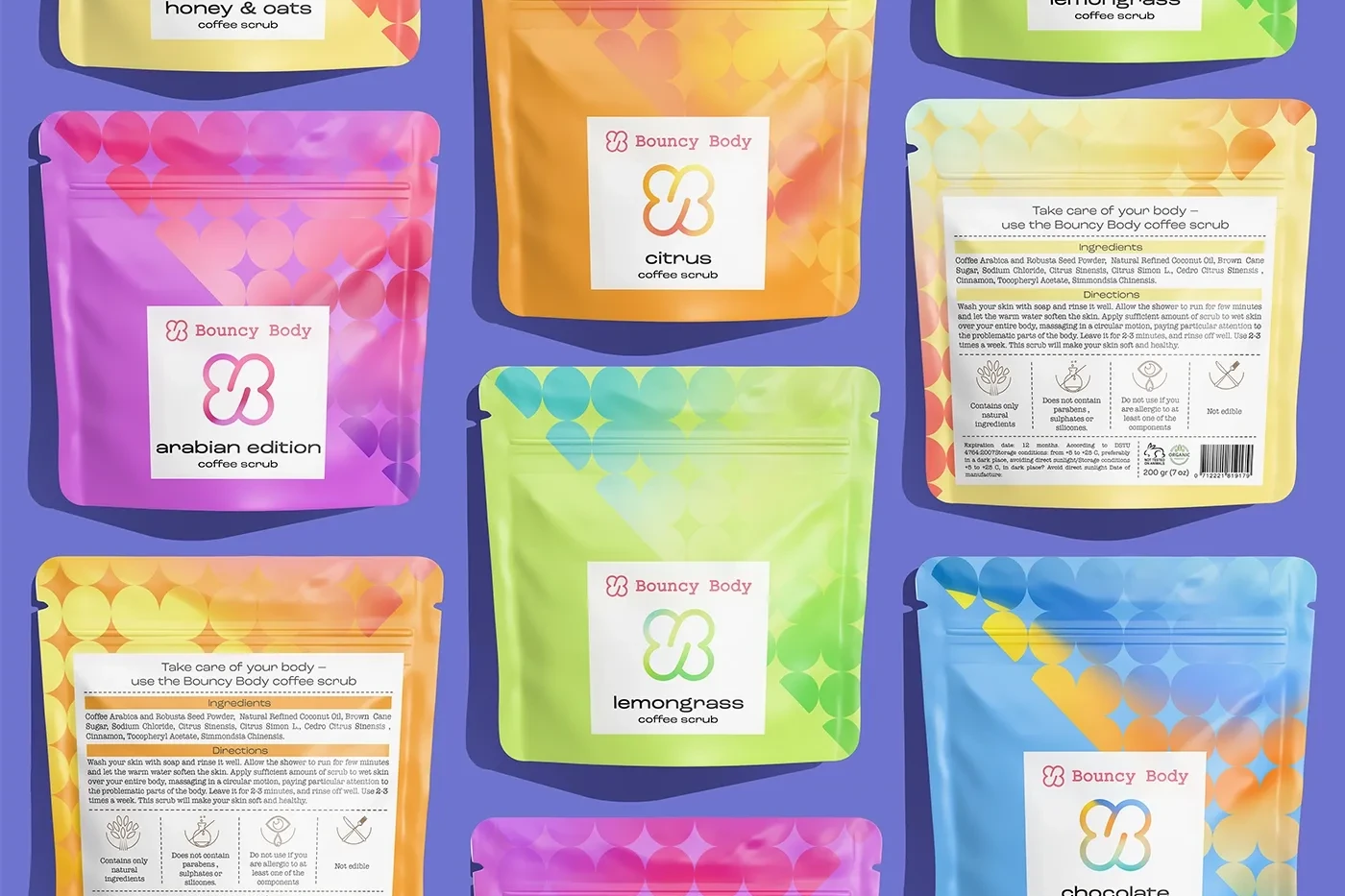 Bouncy Body coffee scrub pouches with back-of-pack ingredient and usage panels