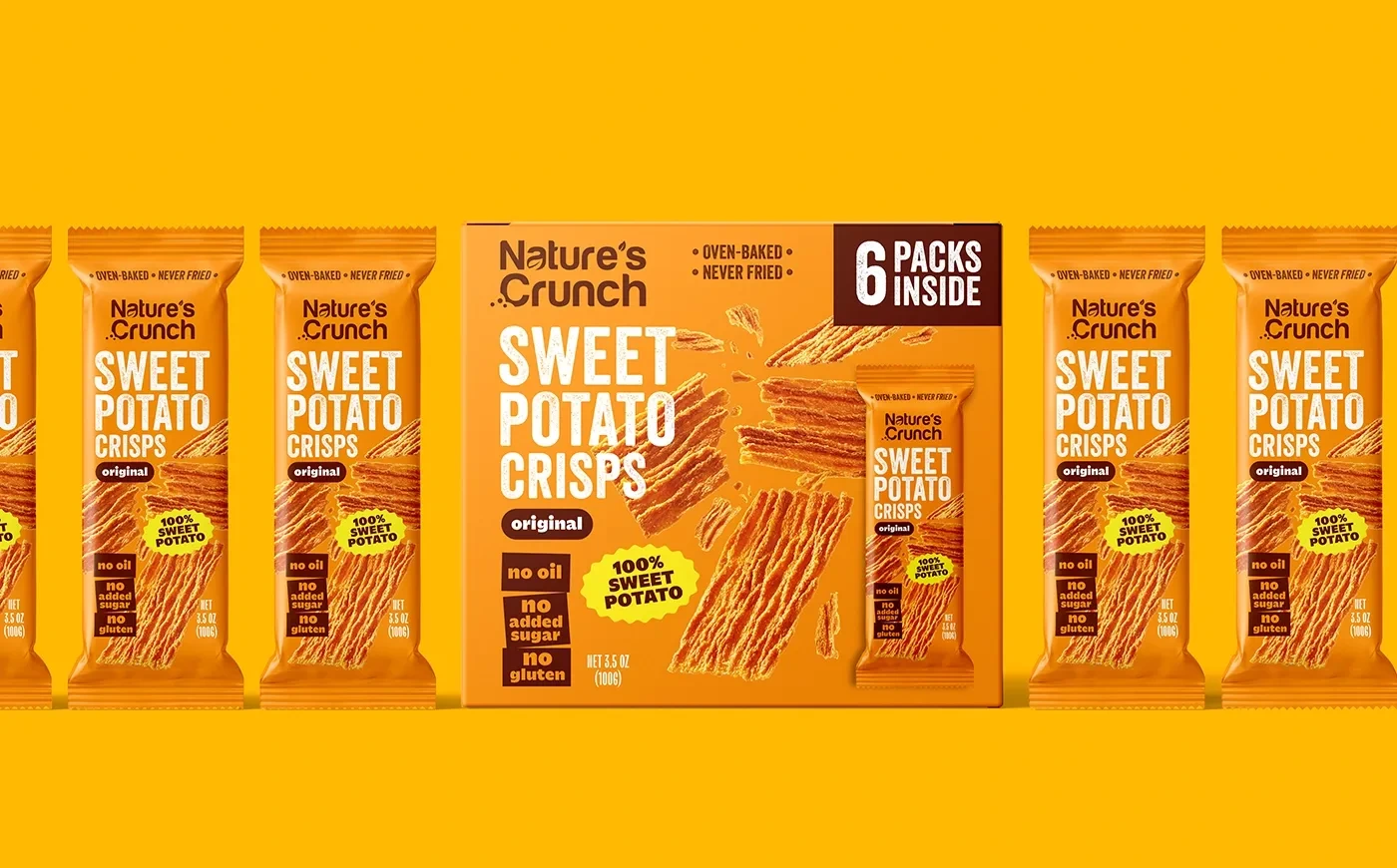 Nature’s Crunch sweet potato crisps multipack and single-bag packaging